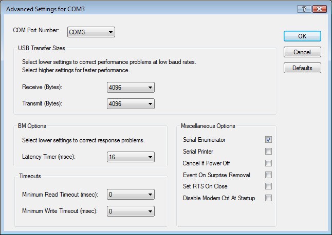 com port advanced properties page